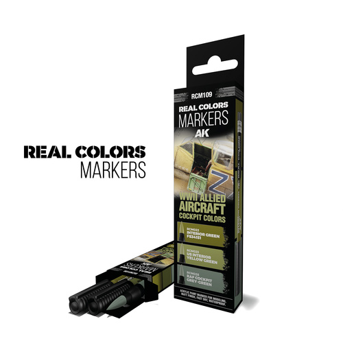 AK Interactive Real Colors Markers: WWII Allied Aircraft Cockpit Colors - Set 3 Arcylic Paint Markers