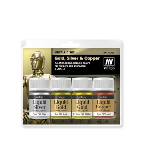 Vallejo Metallic Set Gold, Silver & Copper 4 x 35ml Acrylic Paint Set [70199]