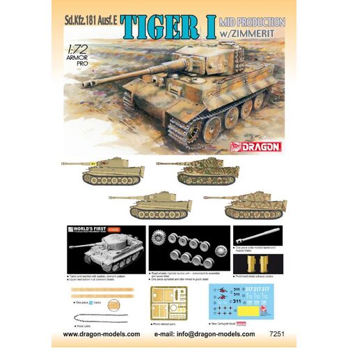 Dragon 1/72 Tiger I Mid Production w/Zimmerit Plastic Model Kit [7251]