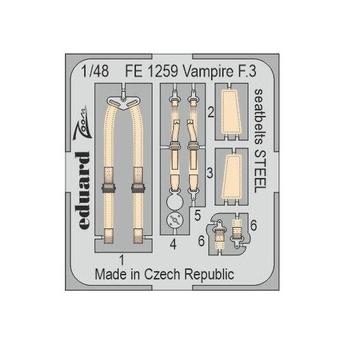 Eduard 1/48 Vampire F.3 (Airfix) Seatbelts Steel Colour Photo Etch Set [FE1259]