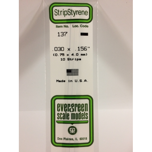 Evergreen White Polystyrene Strip 0.030 x 0.156 x 14" / 0.76mm x 4mm x 36cm (10)