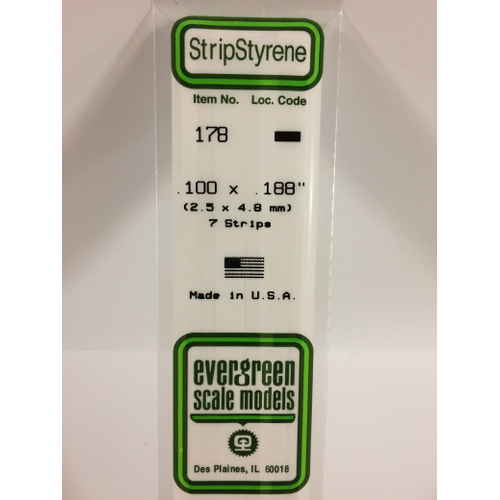 Evergreen White Polystyrene Strip 0.100 x 0.188 x 14" / 2.5mm x 4.8mm x 36cm (7)