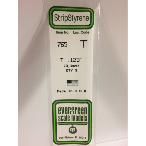 Evergreen White Polystyrene T Profile 0.123 x 0.123 x 14" 0.040 Thick / 3.1mm x 3.1mm x 36cm (3)