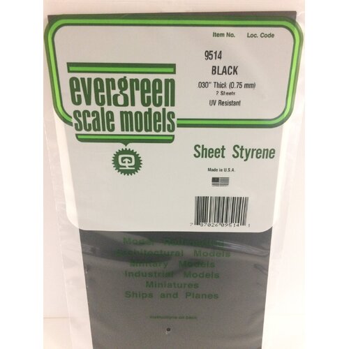 Evergreen Black Polystyrene Sheet 0.030 x 6 x 12" / 0.76mm x 15cm x 30cm (2)