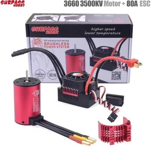 Surpass KINGKONG 3660 brushless motor 3.175mm shaft 3500kv+ 80A ESC combo Black&Red + Heatsink Red