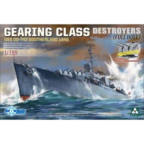 Takom 1/700 Gearing Class Destroyer USS DD-743 Southerland 1945 (Snowman) Full Hull Model Kit [SP-7057]