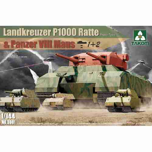 Takom 1/144 WWII Heavy Battle Tank Landkreuzer P1000 Ratte[Proto type] & Panzer VIII Maus 3 in 1 Plastic Model Kit